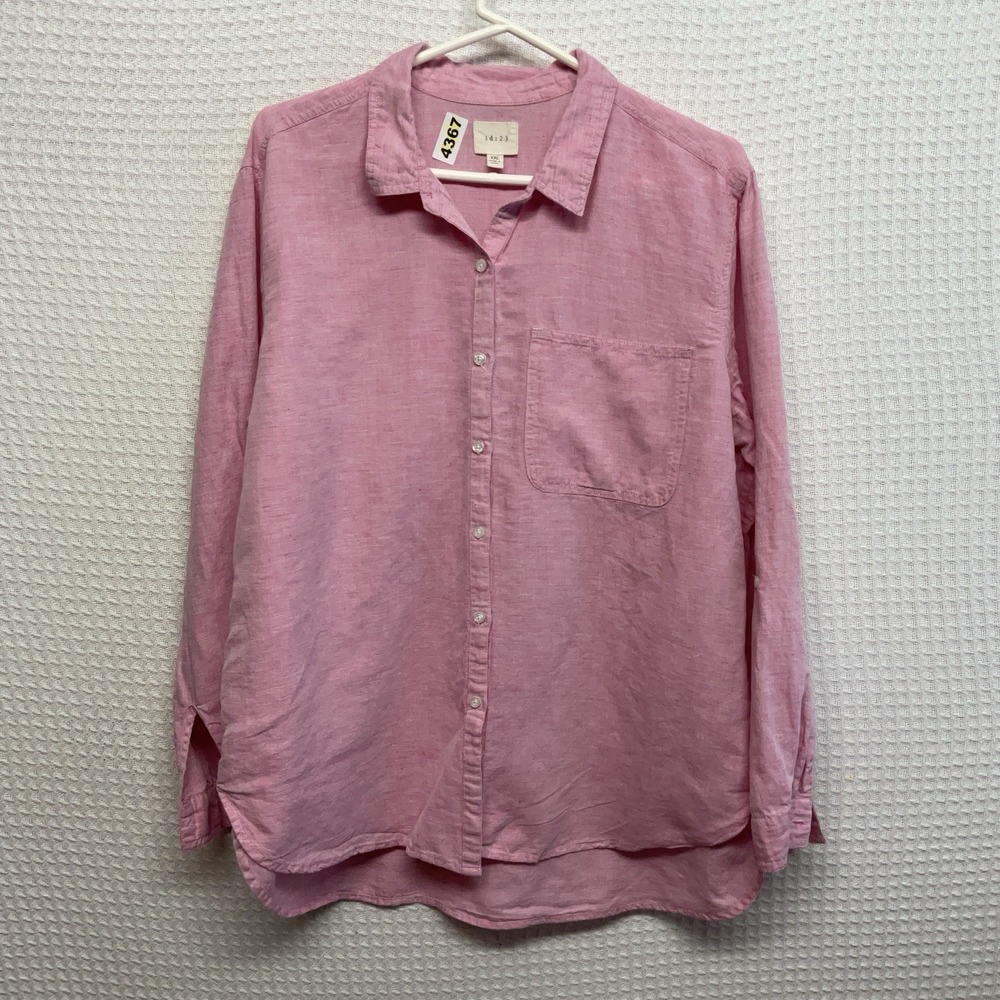 ID 23 Linen Shirt Womens 2XL Pink Chambray Button Up Long Steve Pocket Blouse